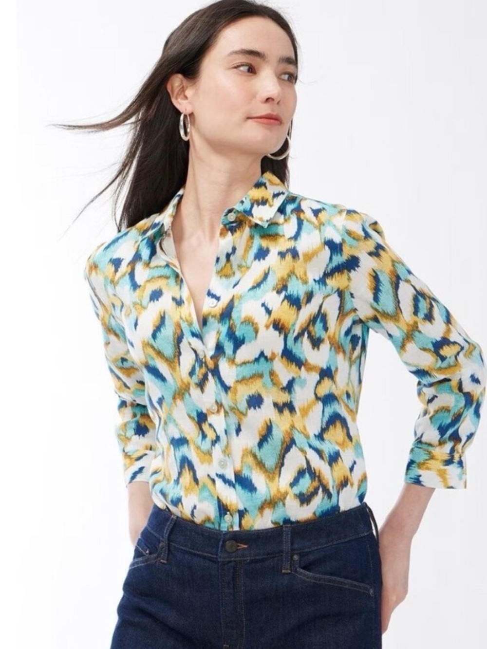 Chicos No Iron Linen Ikat Shirt Maximalist Colorful Button Down. Size 8.